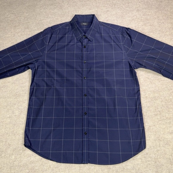 Theory Clean Placket Shirt Mens XL Navy Blue Mouline Grid Cotton Button Up - Picture 5 of 12